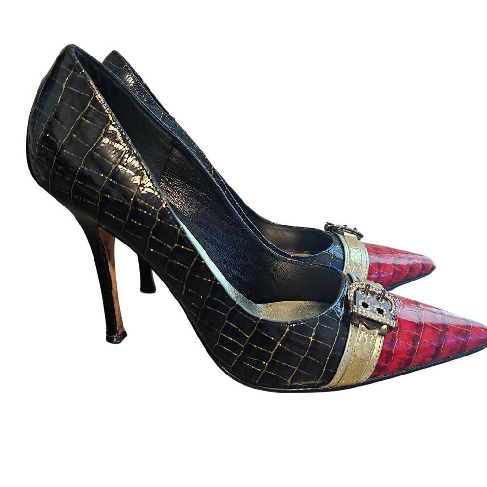 Beverly Feldman Heels Womens Size 8 Red Leather Buckle Glam Evening Sexy Party
